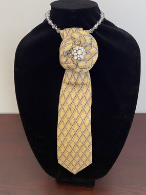 Upcycled Women Rose Silk Necktie, Shades of Gold Diamond Pattern, Brooch